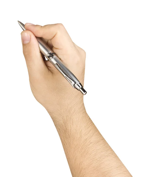 Hand Writing Silver Ballpoint Isolated — Stock Photo, Image