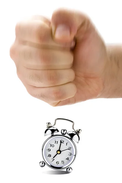 Gran Mano Puño Está Punto Golpear Alarma Reloj Vintage — Foto de Stock