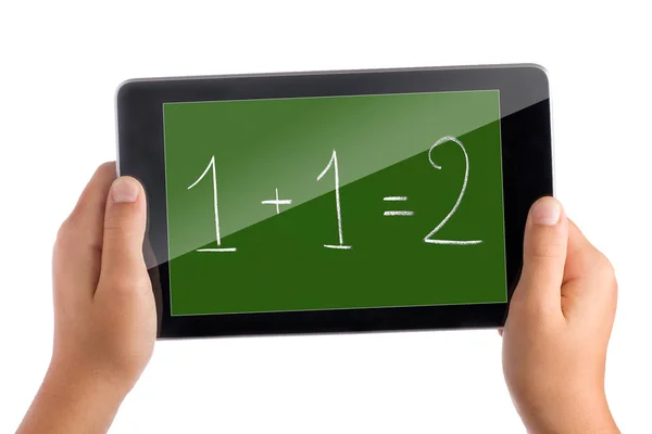 Manos Niño Sosteniendo Tableta Que Muestra Expresión Matemática Uno Uno — Foto de Stock