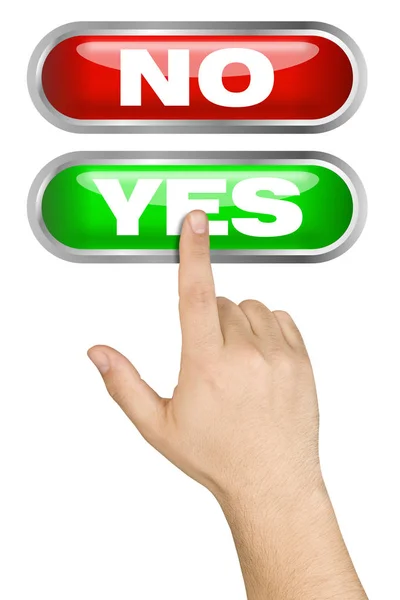 Hand Made Choice Pushing Big Green Yes Button Isolated — Stock Photo, Image