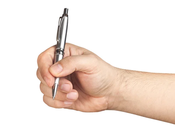 分離された銀のボールペンを持っている男性の手 ロイヤリティフリーのストック写真