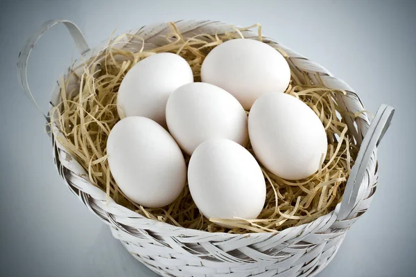 Bunch Whole White Eggs Nest Straw White Basket Made Wicker Stock Photo