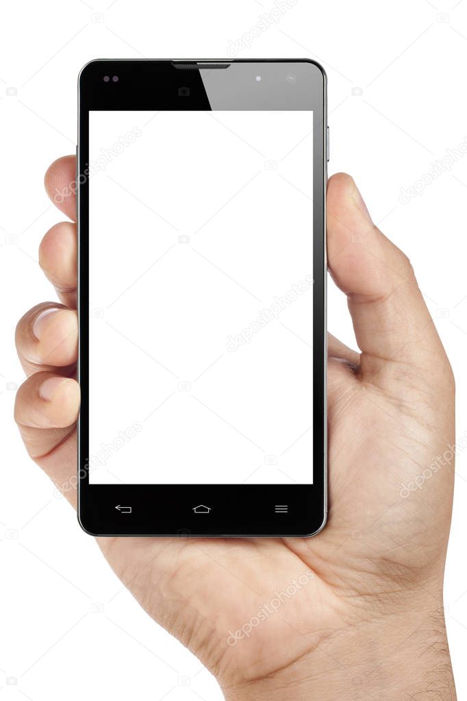 Hand holding smartphone with blank screen isolated