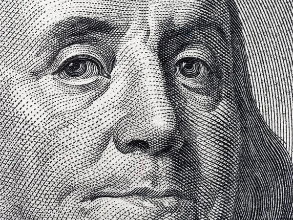 Closeup Portret Benjamin Franklin 100 Amerikaanse Dollar Bill — Stockfoto