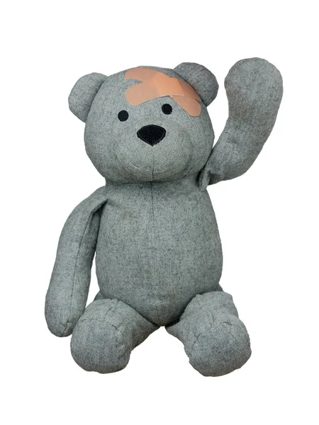 Verletzter Teddybär Mit Pflaster Auf Dem Kopf Grüßt Vereinzelt Auf — Stockfoto