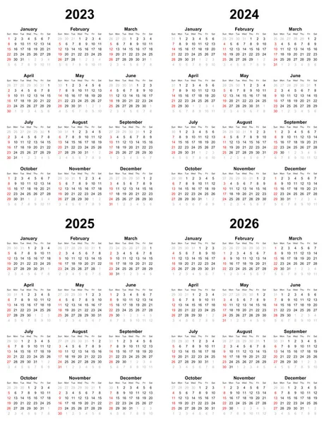 Calendario Llano Anual Domingo Primer Día 2023 2024 2025 2026 — Vector de stock