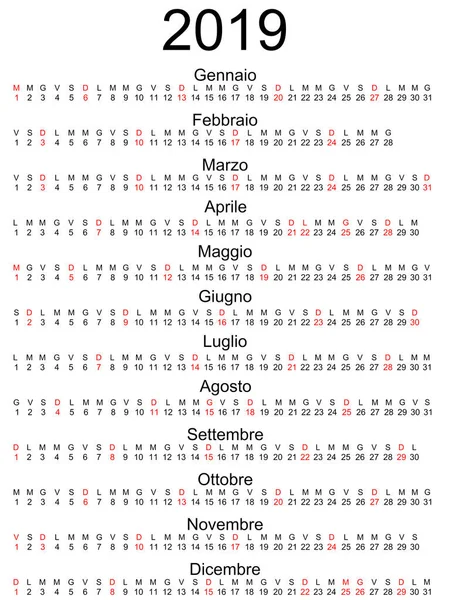 Calendario 2019 Días Festivos Italianos Marcados — Vector de stock
