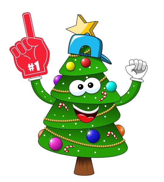 Cartoon Weihnachtsbaum Jubelt Handschuh Fan Nummer Eins — Stockvektor