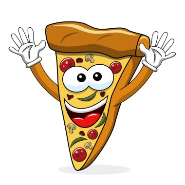 Pizza dilimi karikatür komik izole üzerinde beyaz sallayarak
