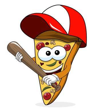 Pizza dilimi karikatür komik beysbol sopası üzerinde beyaz izole