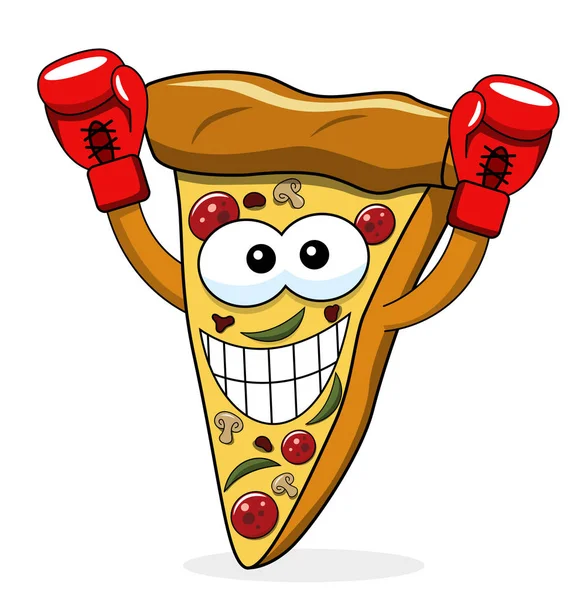 Pizza Slice Cartoon Funny Kampioen Handschoenen Bokser Boksen Geïsoleerd Wit — Stockvector
