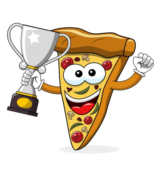 Pizza Slice Cartoon Grappige Kampioen Winnaar Beker Geïsoleerd Wit — Stockvector