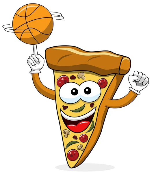Pizza Rebanada Dibujos Animados Divertido Baloncesto Aislado Blanco — Archivo Imágenes Vectoriales