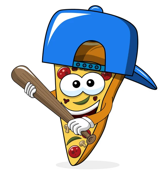 Pizza Dilimi Karikatür Komik Beysbol Sopası Üzerinde Beyaz Izole — Stok Vektör
