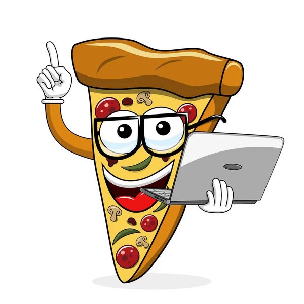 Pizza Slice Cartoon Grappige Laptopcomputer Wit Wordt Geïsoleerd — Stockvector