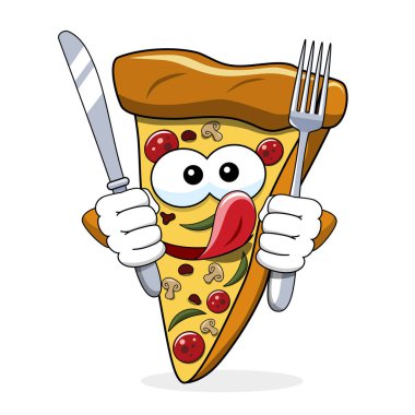 Pizza dilimi karikatür komik çatal bıçak aç dil üzerinde beyaz izole yeme