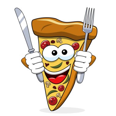 Pizza dilimi karikatür komik çatal bıçak üzerinde beyaz izole aç yemek
