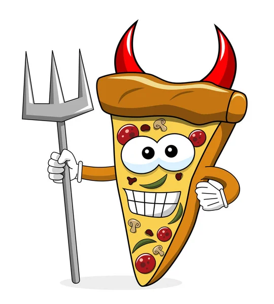 Pizza Slice Cartoon Funny Duivel Trident Geïsoleerd Wit — Stockvector