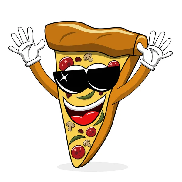 Pizza Szelet Képregény Vicces Napszemüveg Hűvös Elszigetelt Fehér — Stock Vector
