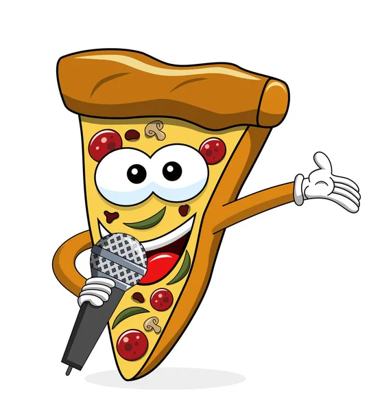 Pizza Slice Cartoon Funny Microfoon Presenteren Geïsoleerd — Stockvector