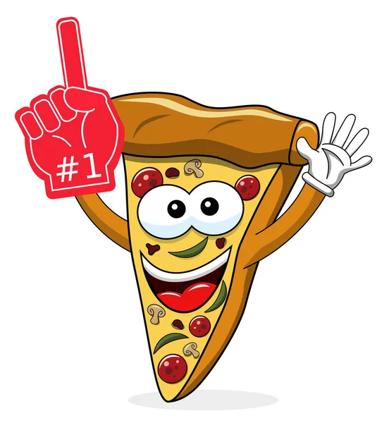 Pizza Slice Cartoon Grappige Jubelend Nummer Één Handschoen Aanhanger Fan — Stockvector