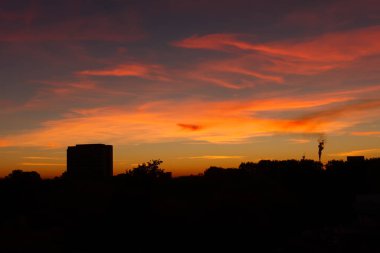 Gün batımı cityscape siluet Karlsruhe Almanya