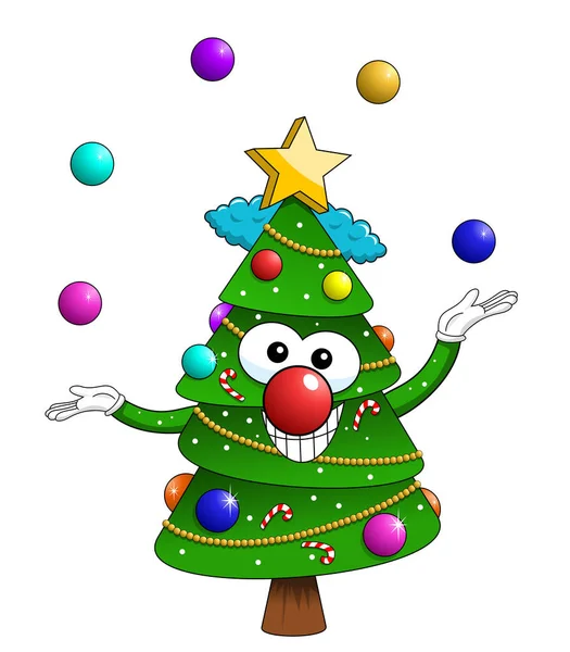 Christmas Xmas Tree Character Mascot Cartoon Clown Juggler Isolated — Stock Vector