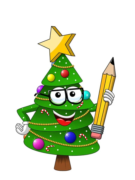 Happy Christmas Xmas Character Mascot Holding Pencil Isolated White Cartoon — Stock Vector