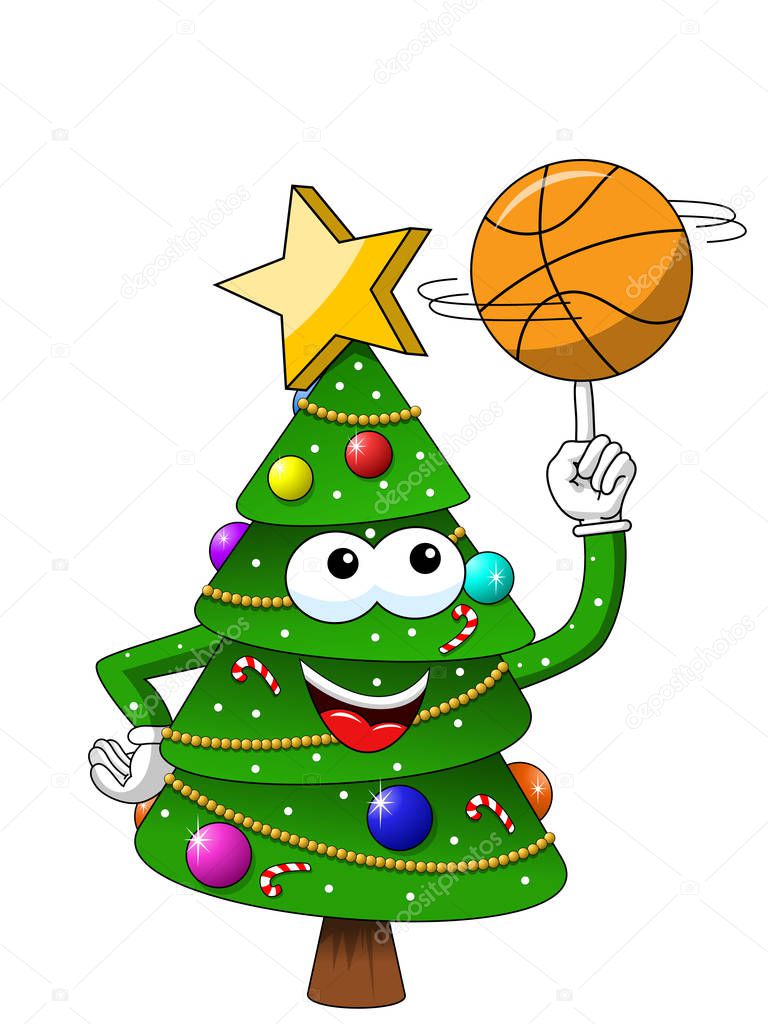 Happy Christmas or xmas character or mascot playing basketball isolated on white