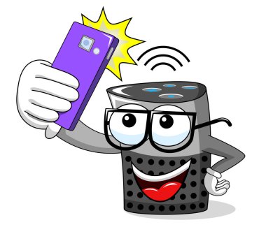 Mutlu akıllı hoparlör karikatür komik karakter selfie smartphone fotoğraf üzerinde beyaz izole