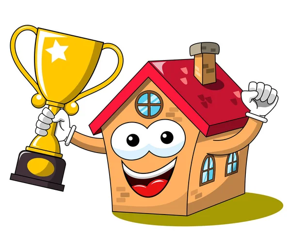 Gelukkig Huis Cartoon Grappig Karakter Cup Winnaar Kampioen Geïsoleerd Wit — Stockvector
