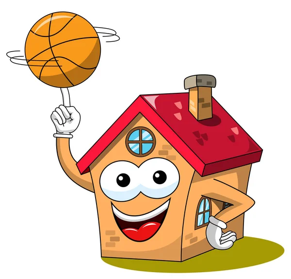 Happy House Kreslený Legrační Charakter Hráče Basketbalu Míč Izolované Bílém — Stockový vektor