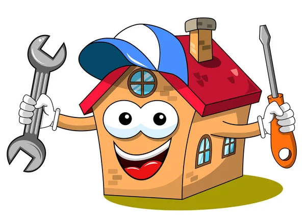 Glücklich Haus Cartoon Lustige Figur Befestigung Arbeiter Schraubenschlüssel Isoliert Auf — Stockvektor