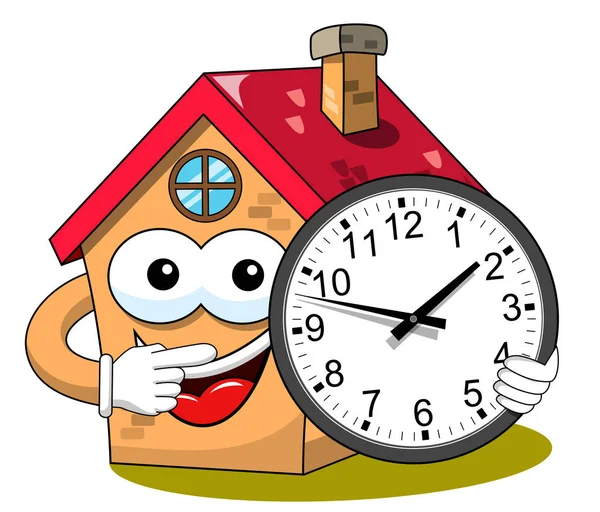 Feliz Casa Dibujos Animados Personaje Divertido Celebración Reloj Analógico Aislado — Archivo Imágenes Vectoriales