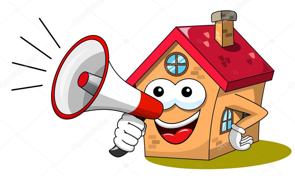 Happy house cartoon funny character speaking megaphone isolated on white