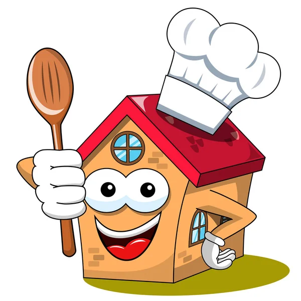Glücklich Haus Cartoon Lustige Figur Koch Kochmütze Löffel Isoliert Auf — Stockvektor
