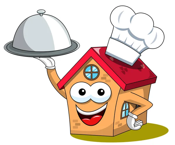 Glücklich Haus Cartoon Lustige Figur Koch Tablett Serviert Isoliert Auf — Stockvektor
