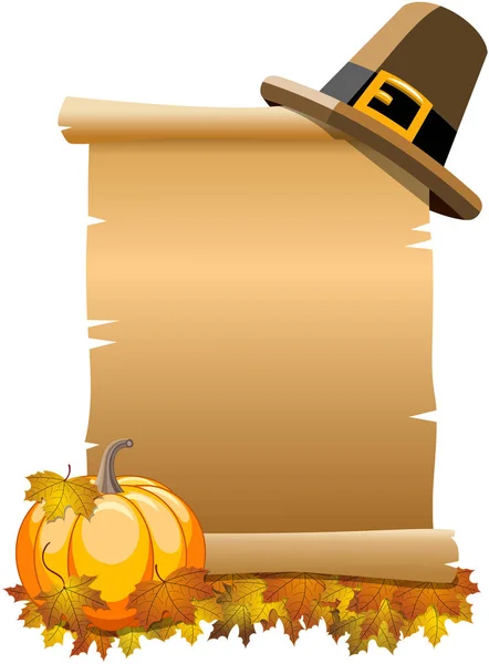 Blank Thanksgiving Parchment Scroll Pilgrim Hat Top Pumpkin Leaves Bottom — Stock Vector