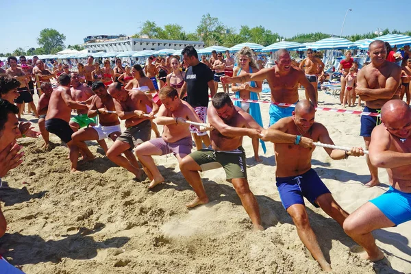托托雷托 意大利 2013年 身穿泳衣的男子队伍在海滩上参加拉锯战 — 图库照片