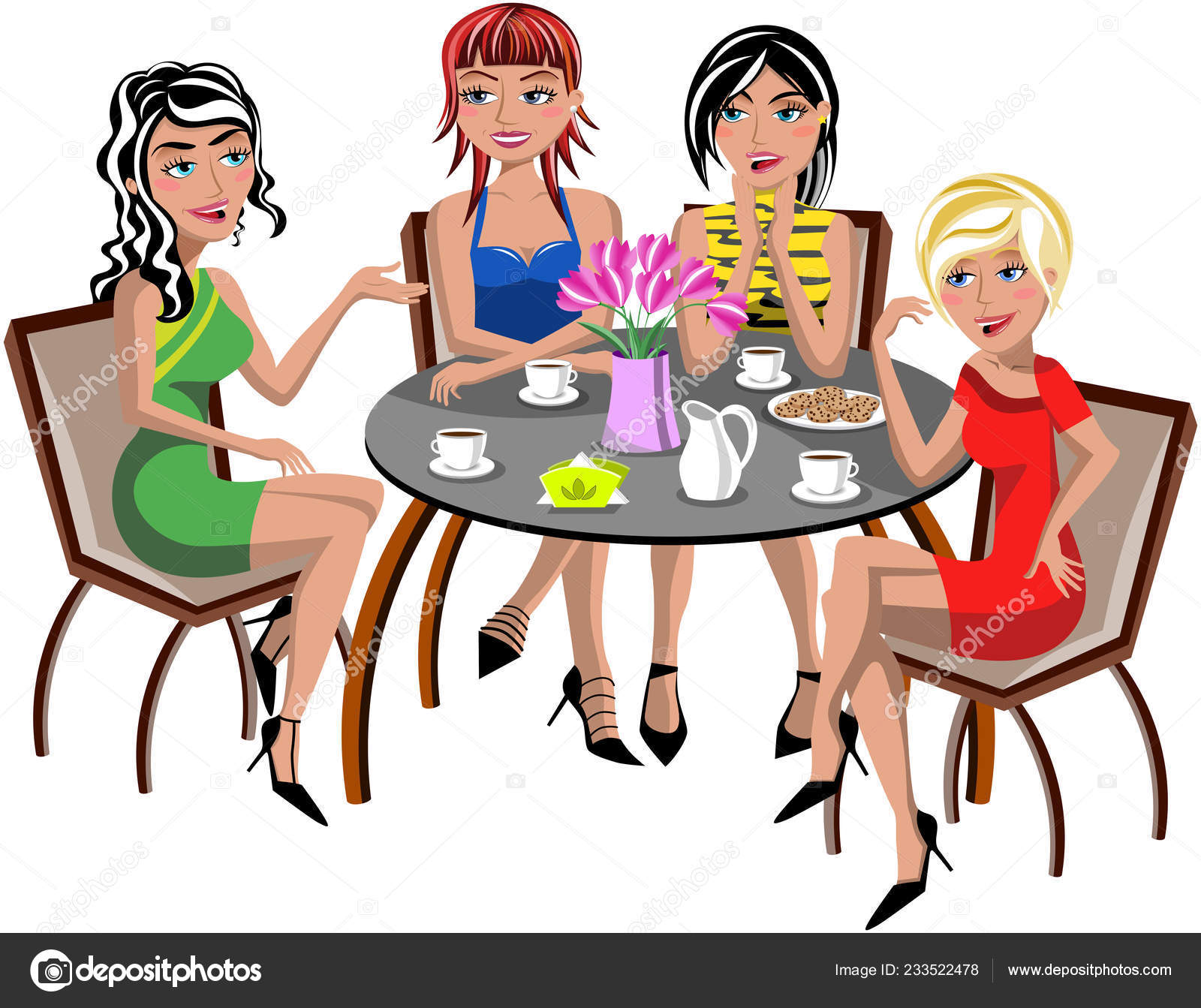 Young Beautiful Fashion Women Having Coffee Chatting Sitting Cafe ...