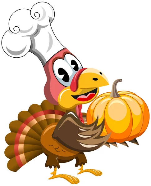 Happy Thanksgiving Turkije Met Chef Kok Hoed Holding Hele Pompoen — Stockvector