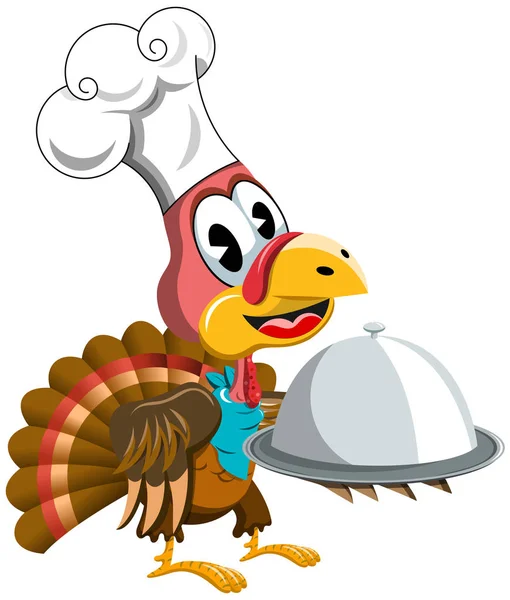 Happy Thanksgiving Turkije Met Chef Kok Hoed Bedrijf Dienblad Geïsoleerd — Stockvector