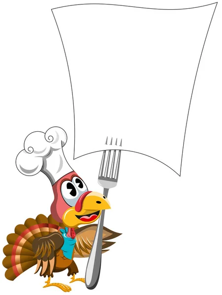 Beeldverhaal Thanksgiving Turkije Met Kok Hoed Kijken Naar Gevorkte Lege — Stockvector