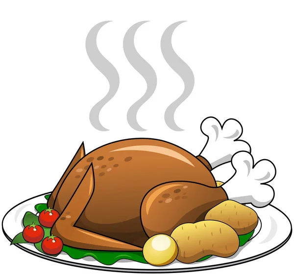 Pavo Asado Con Guarnición Placa Aislada — Vector de stock