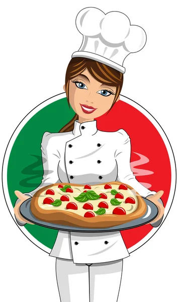 Italiano Mulher Cook Uniforme Servindo Pizza Isolada —  Vetores de Stock