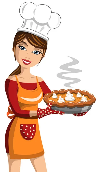 Lachende Vrouw Cook Tonen Thanksgiving Pompoen Pie Geïsoleerd — Stockvector