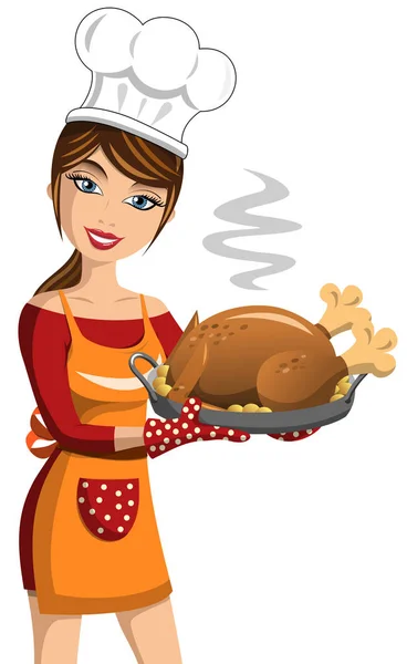 Lachende Vrouw Cook Tonen Thanksgiving Kalkoen Gebraden Met Aardappelen Geïsoleerd — Stockvector