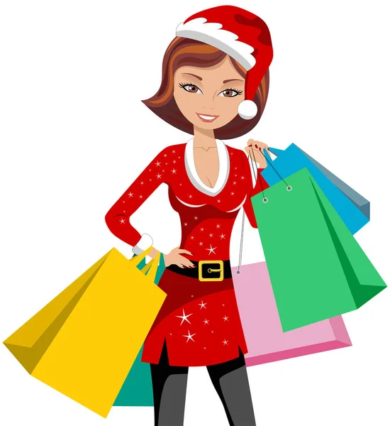 Junge Schöne Frau Genießt Ihre Weihnachtseinkäufe Mit Vielen Einkaufstüten Isoliert — Stockvektor