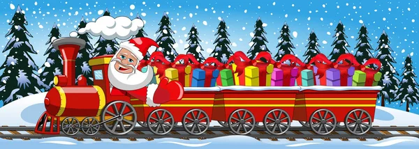 Cartoon Weihnachtsmann Bringt Geschenke Und Fährt Dampflok Mit Drei Waggons — Stockvektor