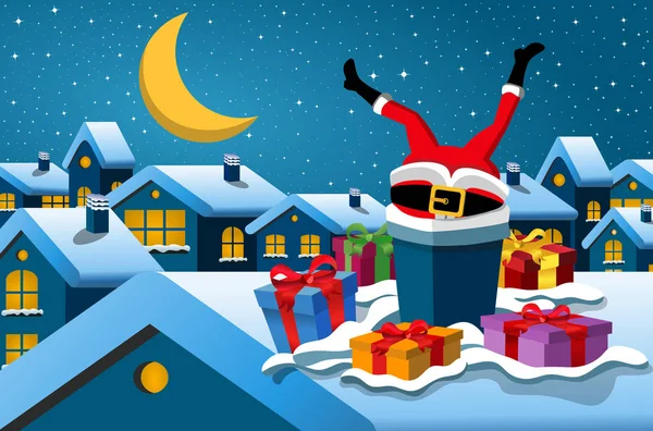 Santa Claus Megragadt Ban Kémény Fejjel Lefelé Karácsony Éjjel — Stock Vector